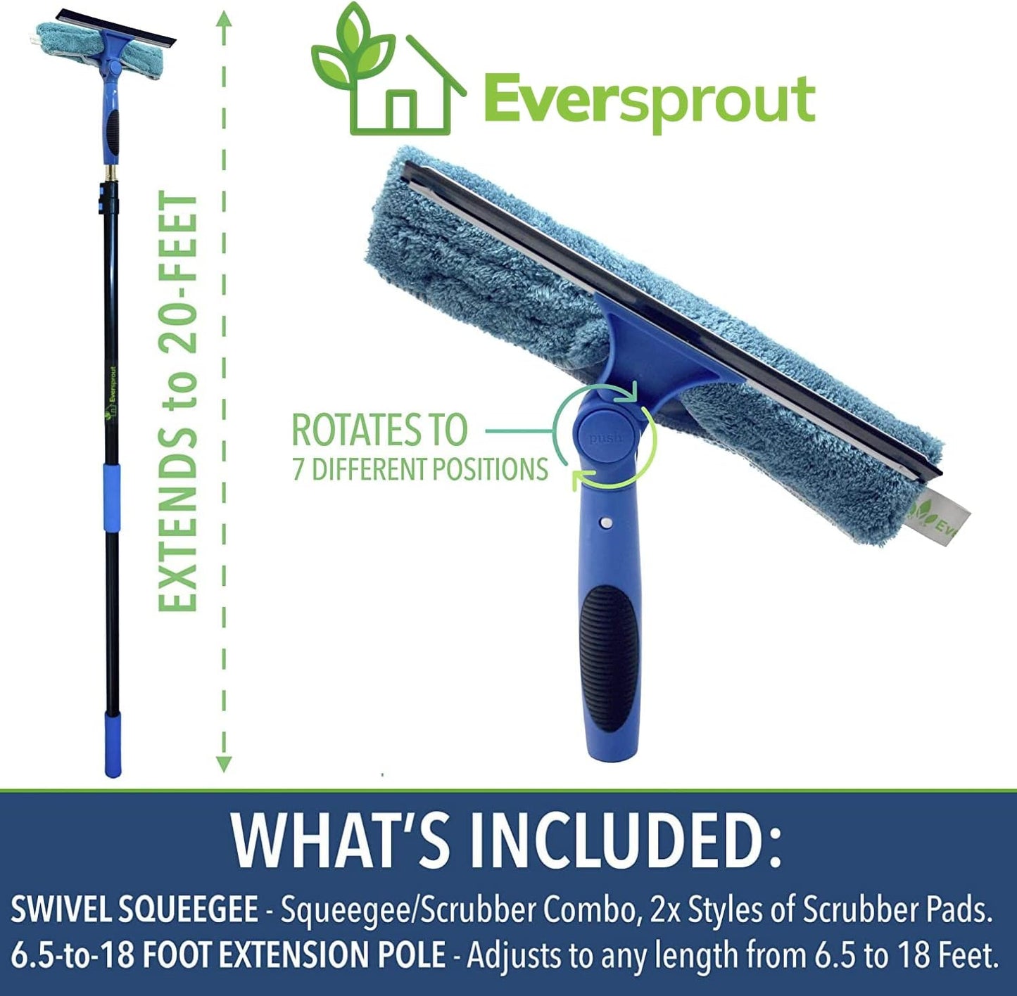 EVERSPROUT 7-to-20 Foot Swivel Squeegee & Microfiber Glass Window Scrubber, Window Squeegee & Window Cleaner, Light-Weight Window Washing Kit with Extension Pole, Squeegee for Window Cleaning