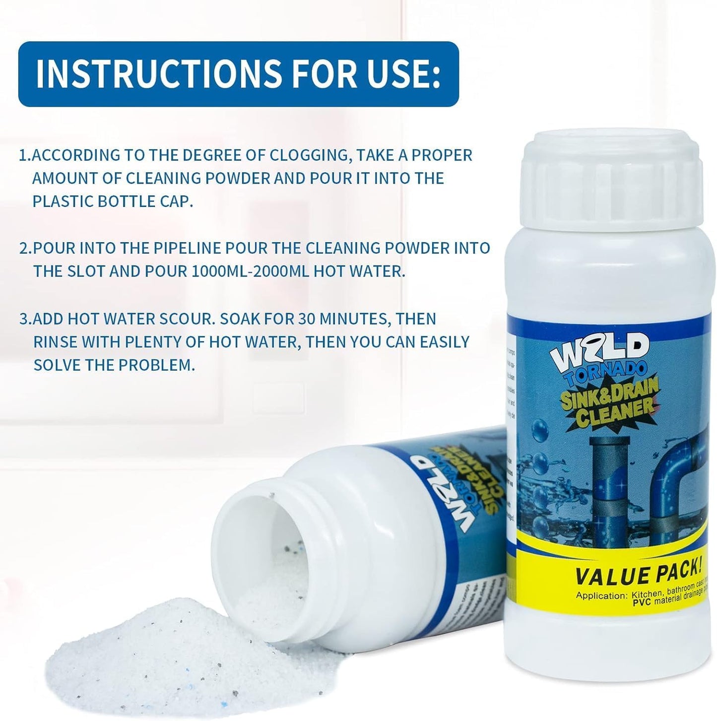 Wild Tornado Pipe Dredge,Powerful Sink Cleaner Powder Fast Foaming for Kitchen Toilet Pipeline Quick Cleaning Tool（2pcs）