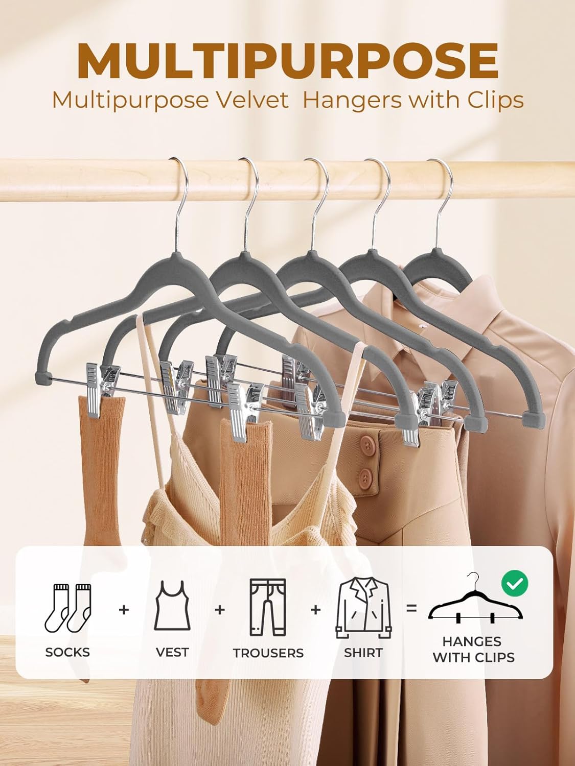 HOUSE DAY Velvet Skirt Hangers 24 Pack, Gray Hangers with Adjustable Clips, Space Saving Slim Velvet Pant Hanger, Heavy Duty Non Slip Clip Hanger for Pants, Skirts, Shorts