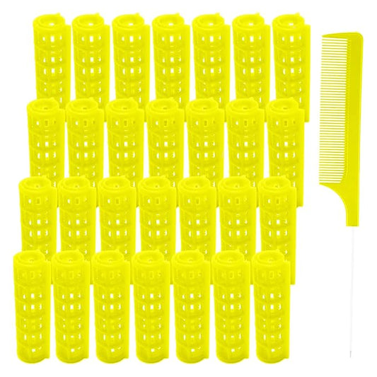 28PCS Plastic Hair Rollers Set 1.5cm/0.6in Heatless Rollers Hair Curlers Self Grip Rollers Tools for DIY Hairdressing Hair Salon(Yellow)