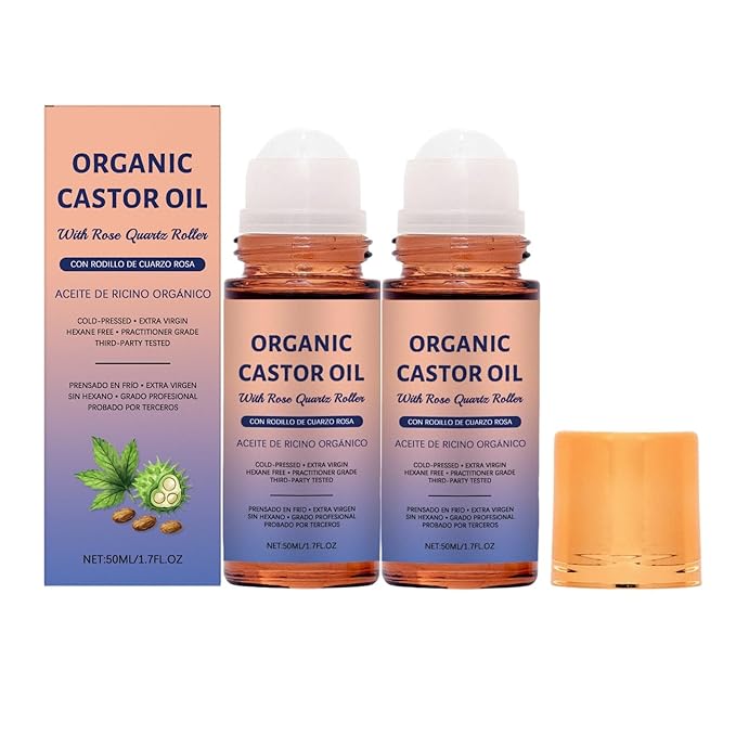 2 Pcs Organic Castor Oil with Rose Quartz Roller, Cold-Pressed, 100% Pure Natural Formula for Skin, Hair Care, Hexane-Free.