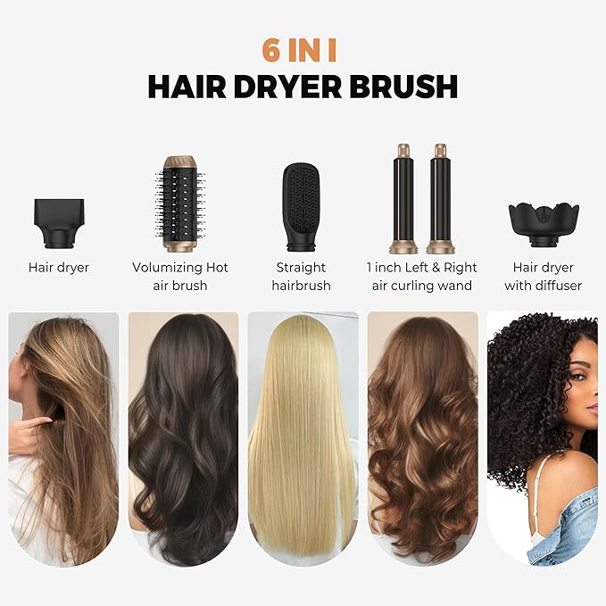 6 in 1 Hair Dryer Brush, Foldable Blow Dryer Brush with Wrap Curler, Detachable Air Hair Styler Curling, Drying,Volumizing, Straightening, Negative Ionic Hair Dryer with Diffuser, Hair Styling Tools