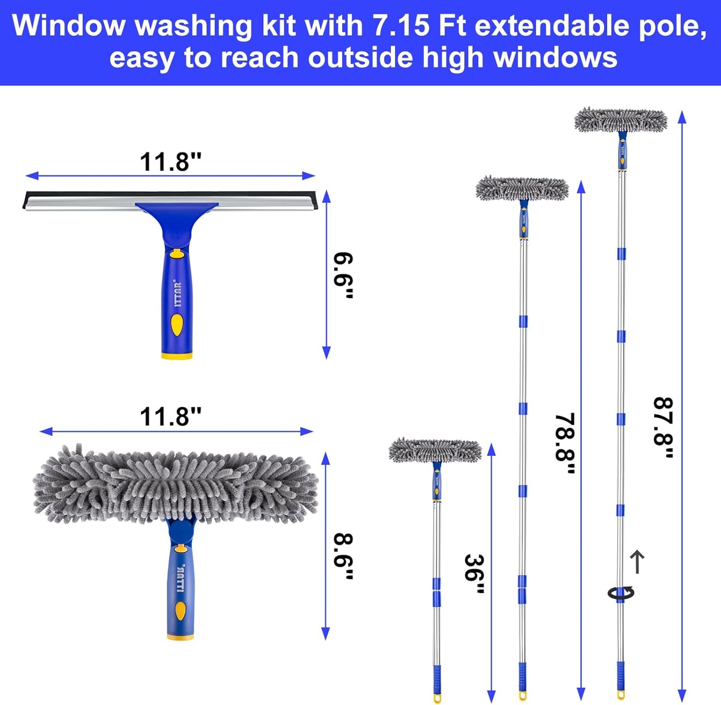 ITTAR Professional Window Cleaning Squeegee Kit, 7.15 Ft High Reach Cleaner Tool, Rotatable Window Washing Equipment with Extension Pole for Indoor/Outdoor Window, Glass, Car, 1 Blade 2 Scrubber