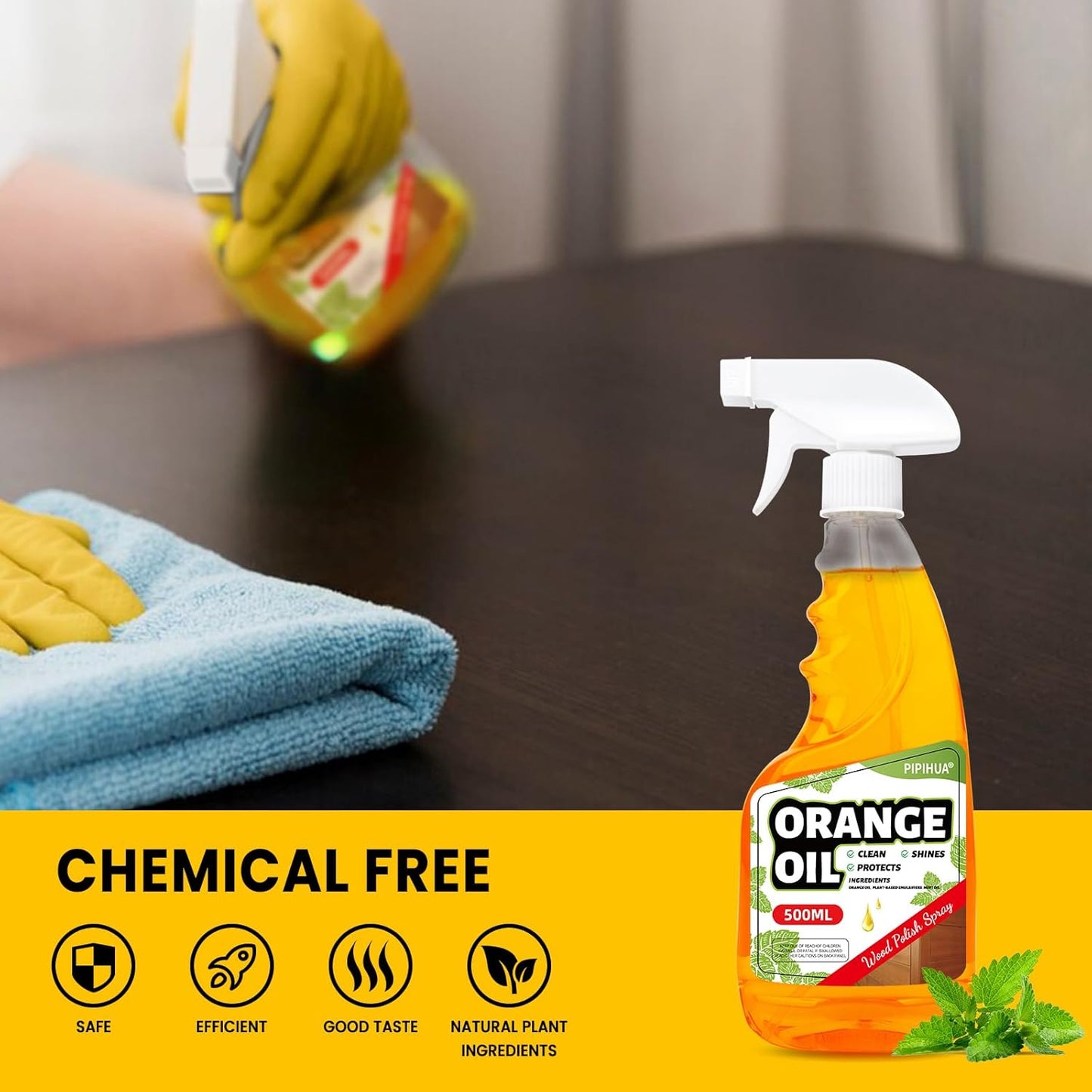 PIPIHUA Wood Oil Polish Spray, Shines & Protects, Wood Furniture Cleaner and Polish for Cabinets Tables Floors Mint Scent 16.9 oz