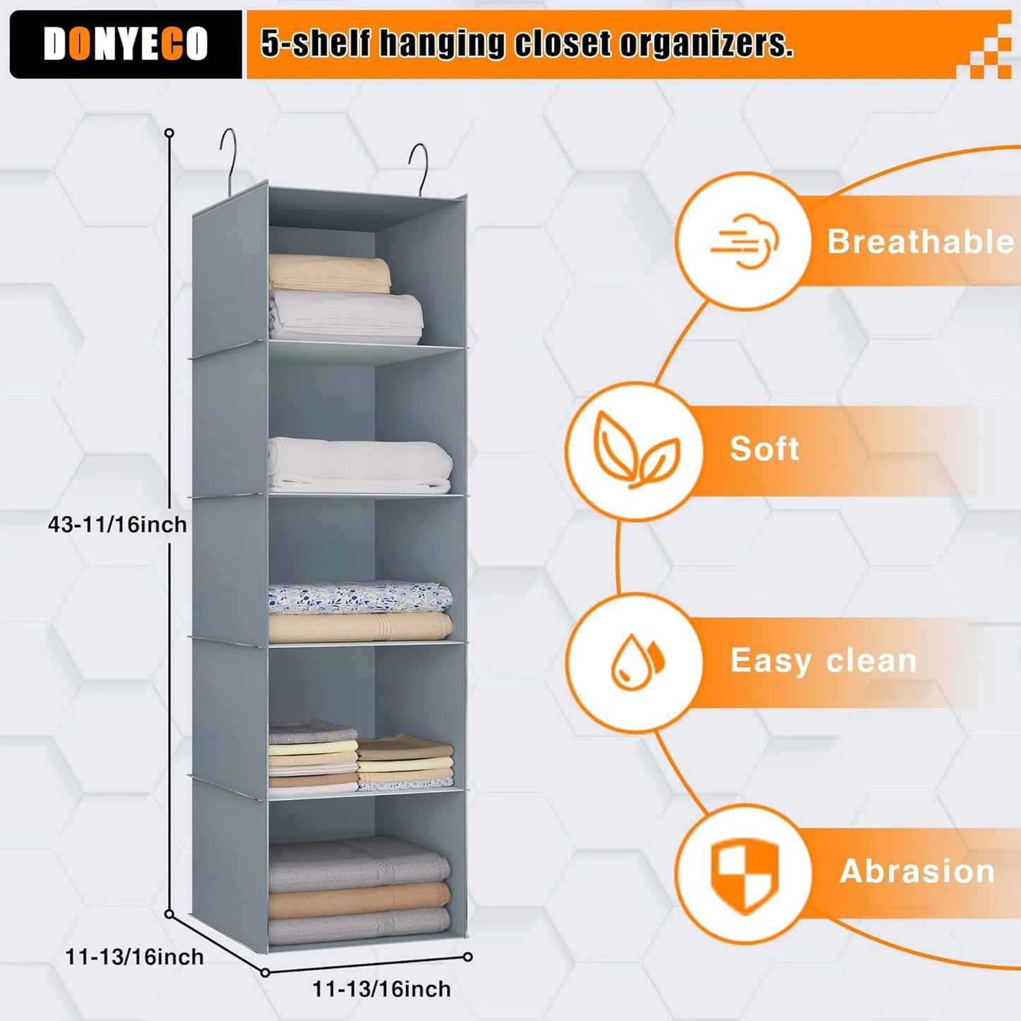 Hanging Closet Organizer 5-Shelf, Easy Mount Foldable Wardrobe Storage Shelves, Clothes Handbag Shoes Accessories, Washable Oxford Cloth Fabric, Gray