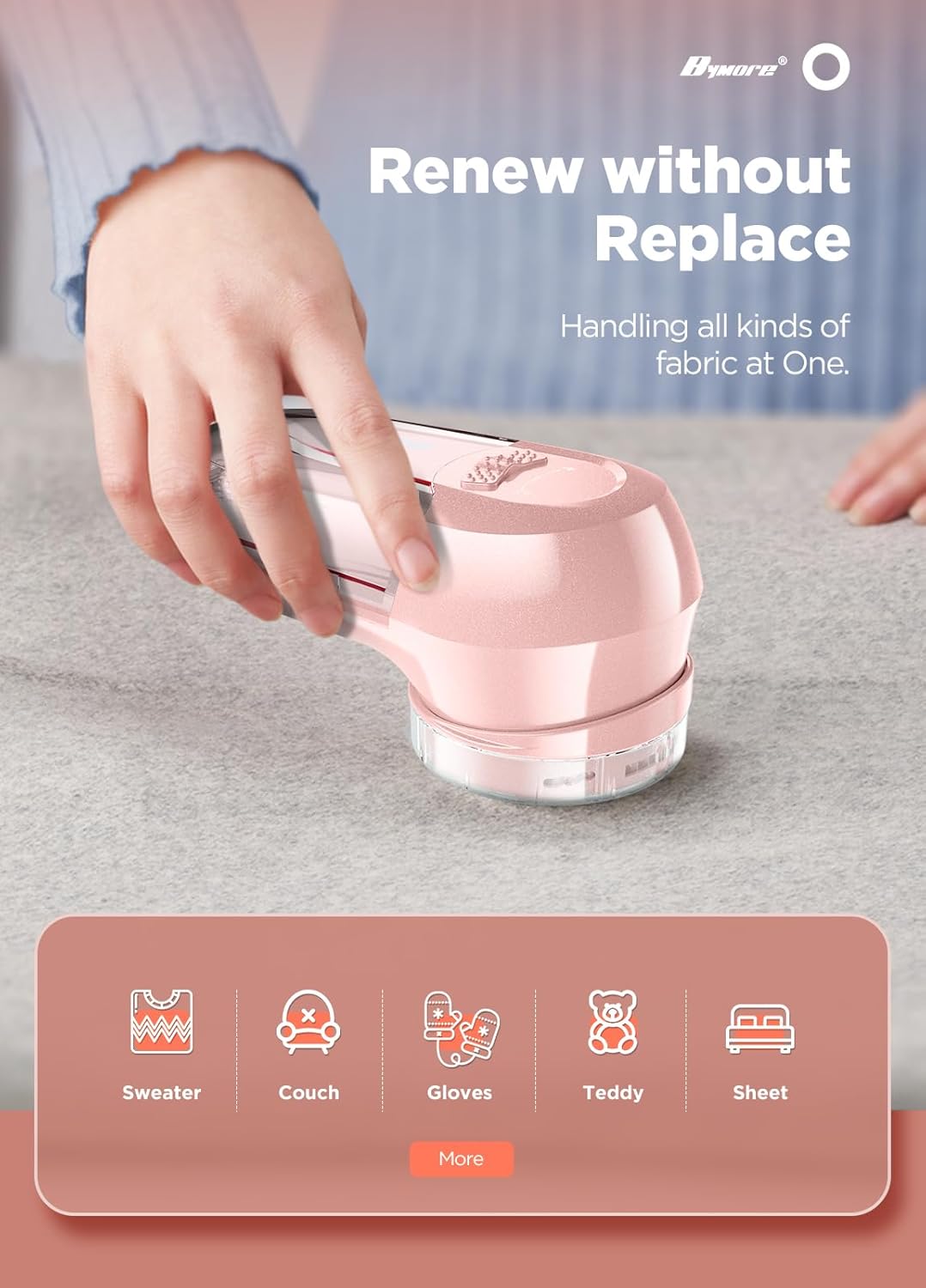 Fabric Shaver, Lint Remover, Bymore Lint Shaver Defuzzer Sweater Shaver for Clothes and Furniture AC Adapter or Battery Operated Pill Fuzz Remover (Pink)