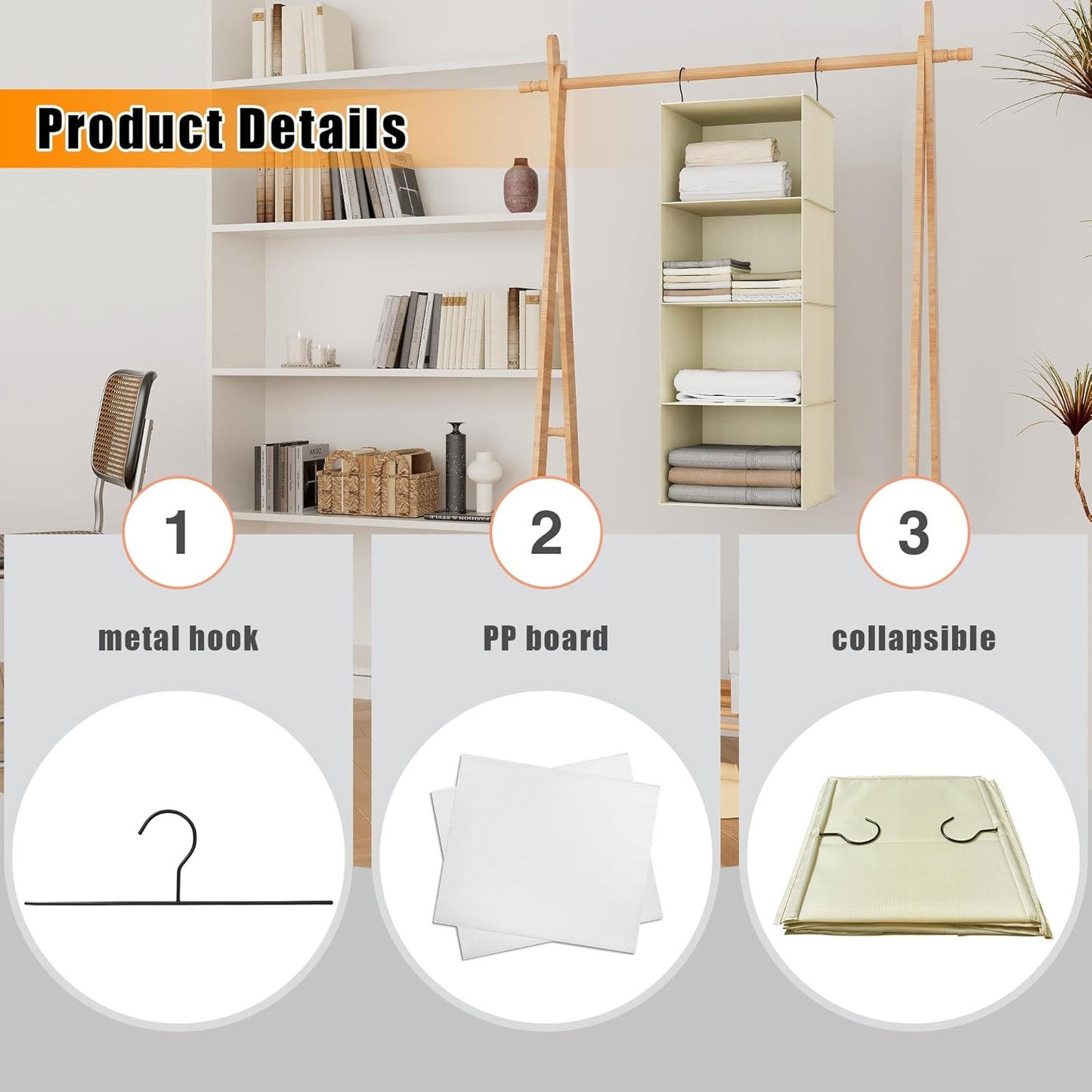 Hanging Closet Organizer, Easy Mount Foldable 4-Shelf Hanging Closet Wardrobe Storage Shelves, Clothes Handbag Shoes Accessories Storage, Washable Oxford Cloth Fabric, Beige