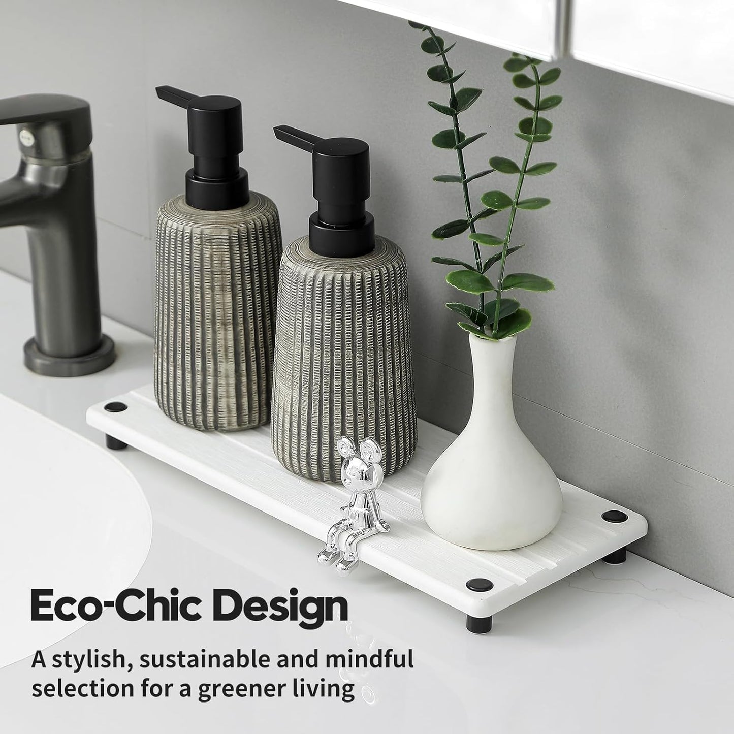 Instant Dry Sink Caddy Kitchen Sink Organizer, Quick Drying Stone Tray Diatomite Sponge Holder Soap Dish, Bathroom Countertop Fast Dry Water Absorbing Vanity Rack, White, 12" x 5"