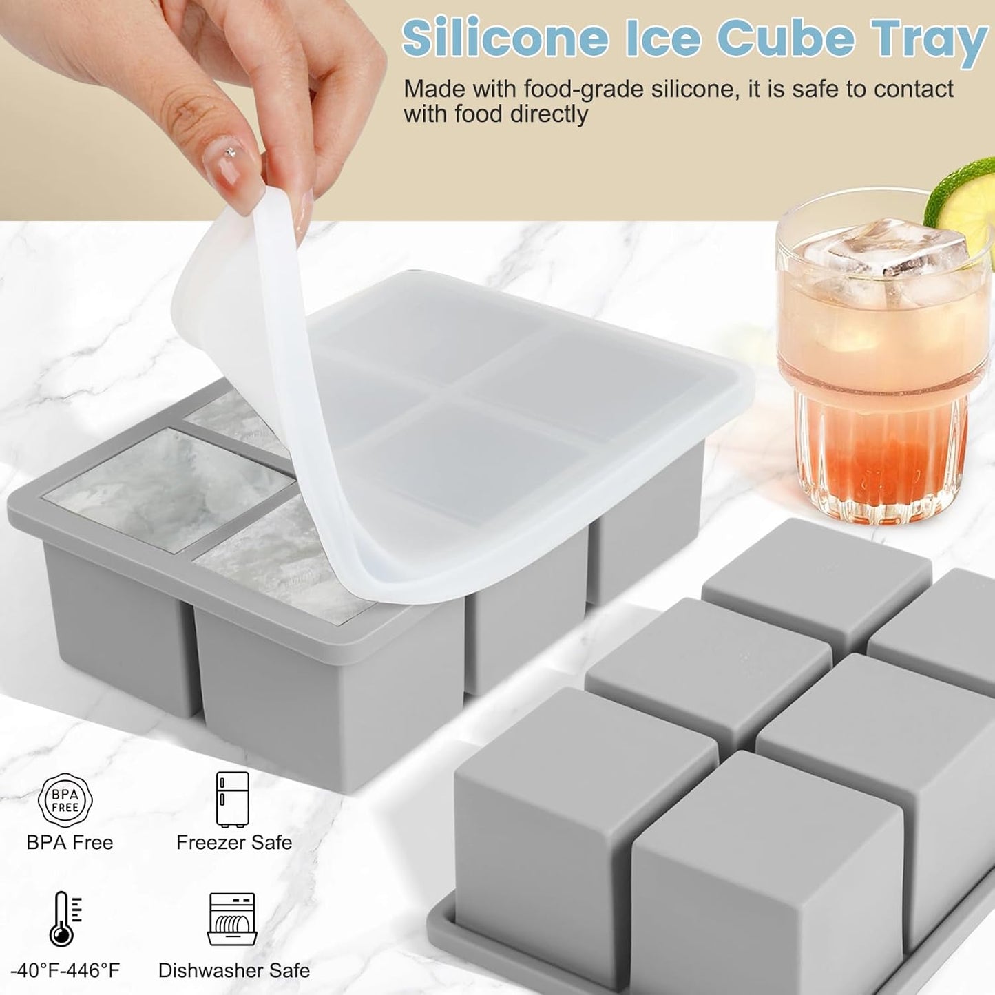 Large Silicone Ice Cube Tray 2Pack, SAWNZC Big Square Ice Cube Molds for Whisky Cocktail, Ice Maker Tray with Lid for Freezer, Easy Release (2, Grey)