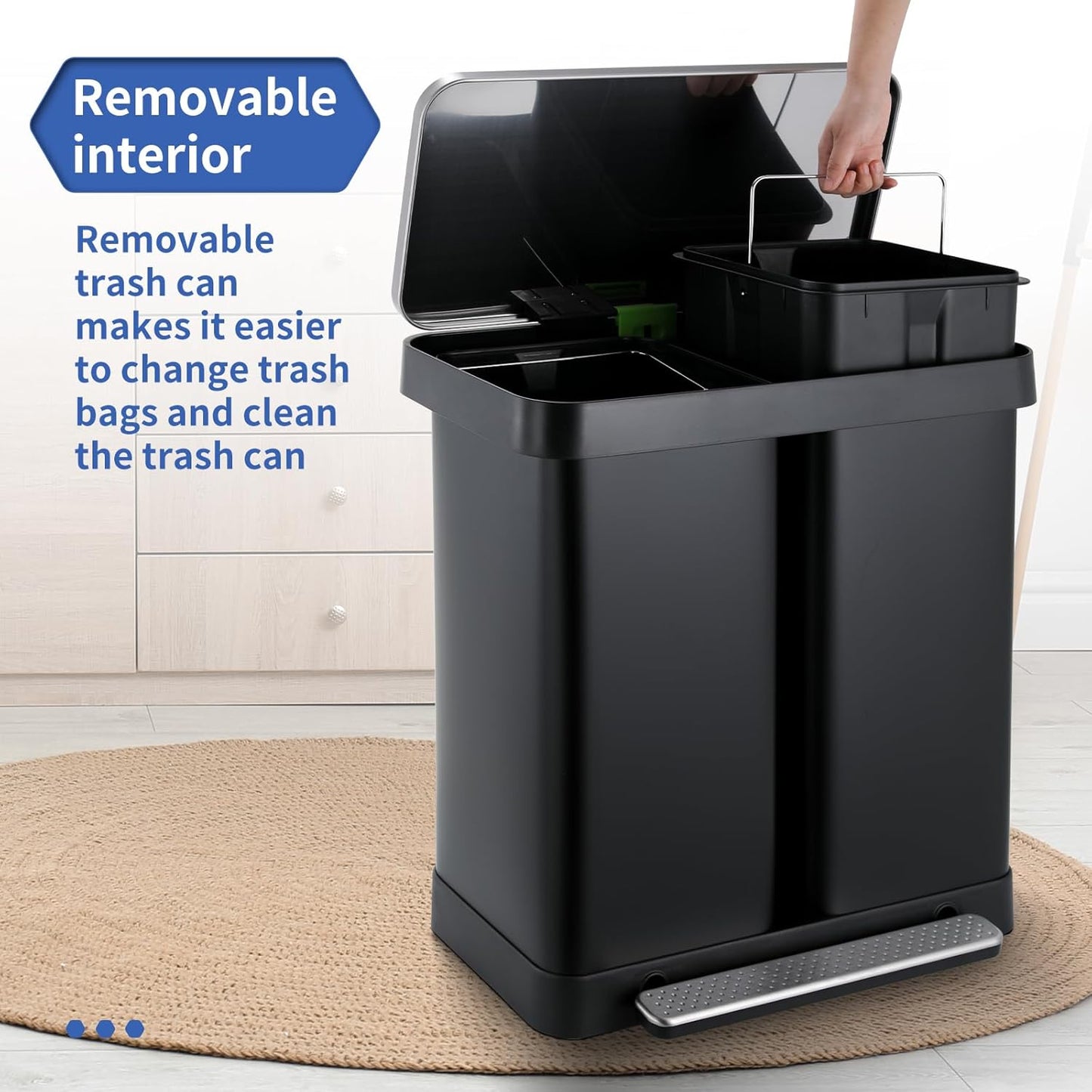 16 Gallon Dual Compartment Trash Can, Hands-Free Recycling Rectangular Garbage Bin, Stainless Steel Step-On Dustbin with Soft-Close Lid, Removable Inner Buckets, for Kitchen Home