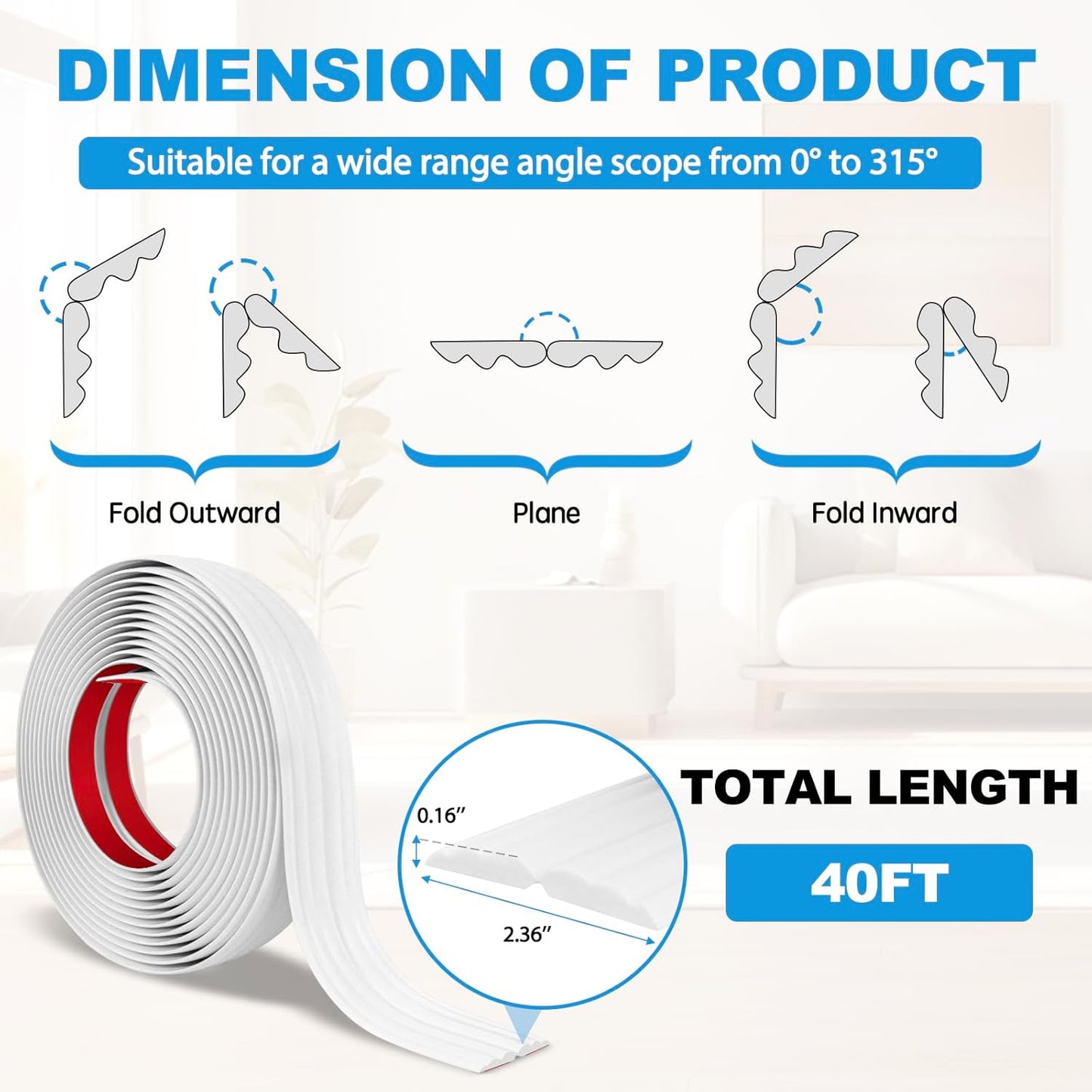 Wall Corner Protector Peel and Stick Corner Trim Molding Flexible Inside & Outside Wall Edge Guard Self Adhesive Moulding Trim for Edge Use, White, 2.3” W x 40’ L