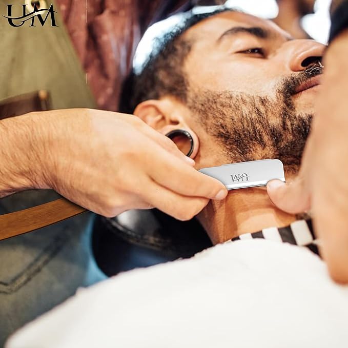 UM Supplies Straight Edge Razor with 100 Replaceable Single Edge Blades kit | Men's Straight Shaving Razors | Navajas para Barbero (Wooden Straight)