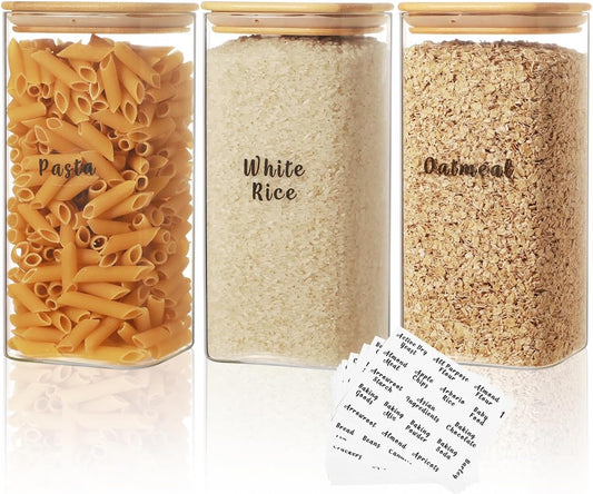 3 Pcs Square Glass Pantry Storage Containers with Bamboo Airtight Lid and 248 Clear Pantry Labels Preprinted - 52oz Thicken Glass Food Storage Jars for Coffee, Cookie, Tea, Sugar, Spice