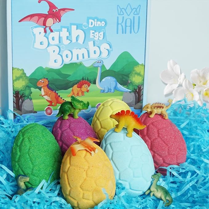 KAV Dinosaur Egg Bath Bombs for Kids – 6pc Fizzy Dino Bath Bomb Gift Set with Surprise Toy Inside – Fun Fizzy Bath Bombs for Boys & Girls, Birthday Gift, Stocking Stuffer, Kids Spa Set