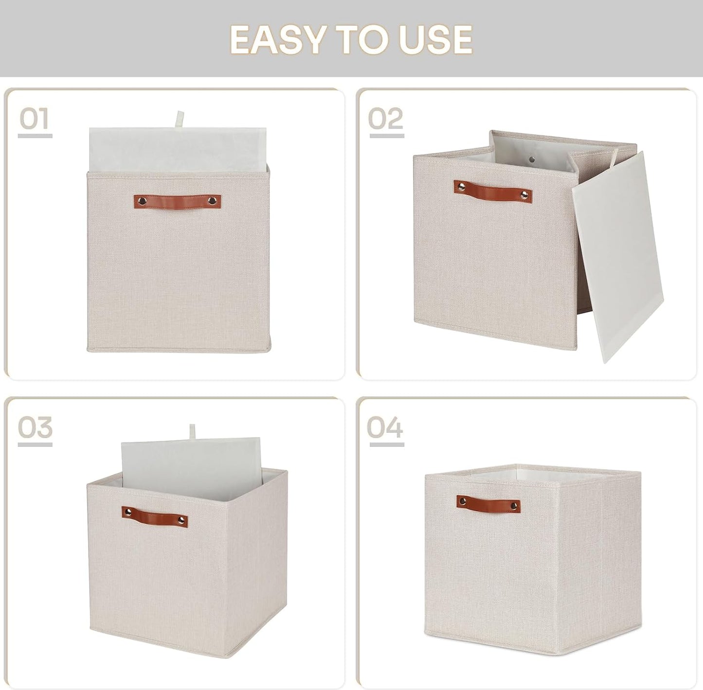 HNZIGE Foldable Storage Cubes Bins for Organizing, Set of 4, Fabric Cube Canvas Storage Bins 11 x11, Collapsible Bins for Organization with Handles for Shelf Nursery(Beige)