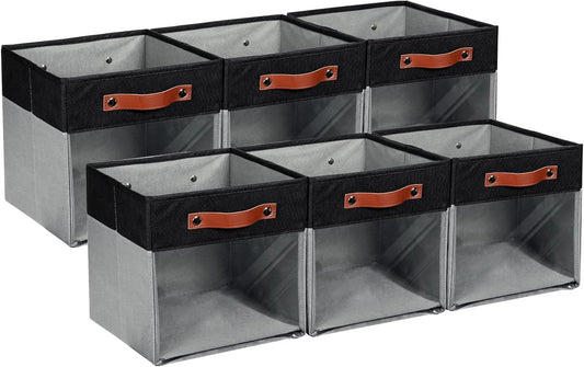HNZIGE Cube Storage Bins 11 x 11, Fabric Cubes Storage Bins 11x11 Clear Storage Organizer,Canvas Storage Bin for Cube Storage, Cubby Collapsible Organizer Bin for Organizing Home(Gray Black 6PCS)