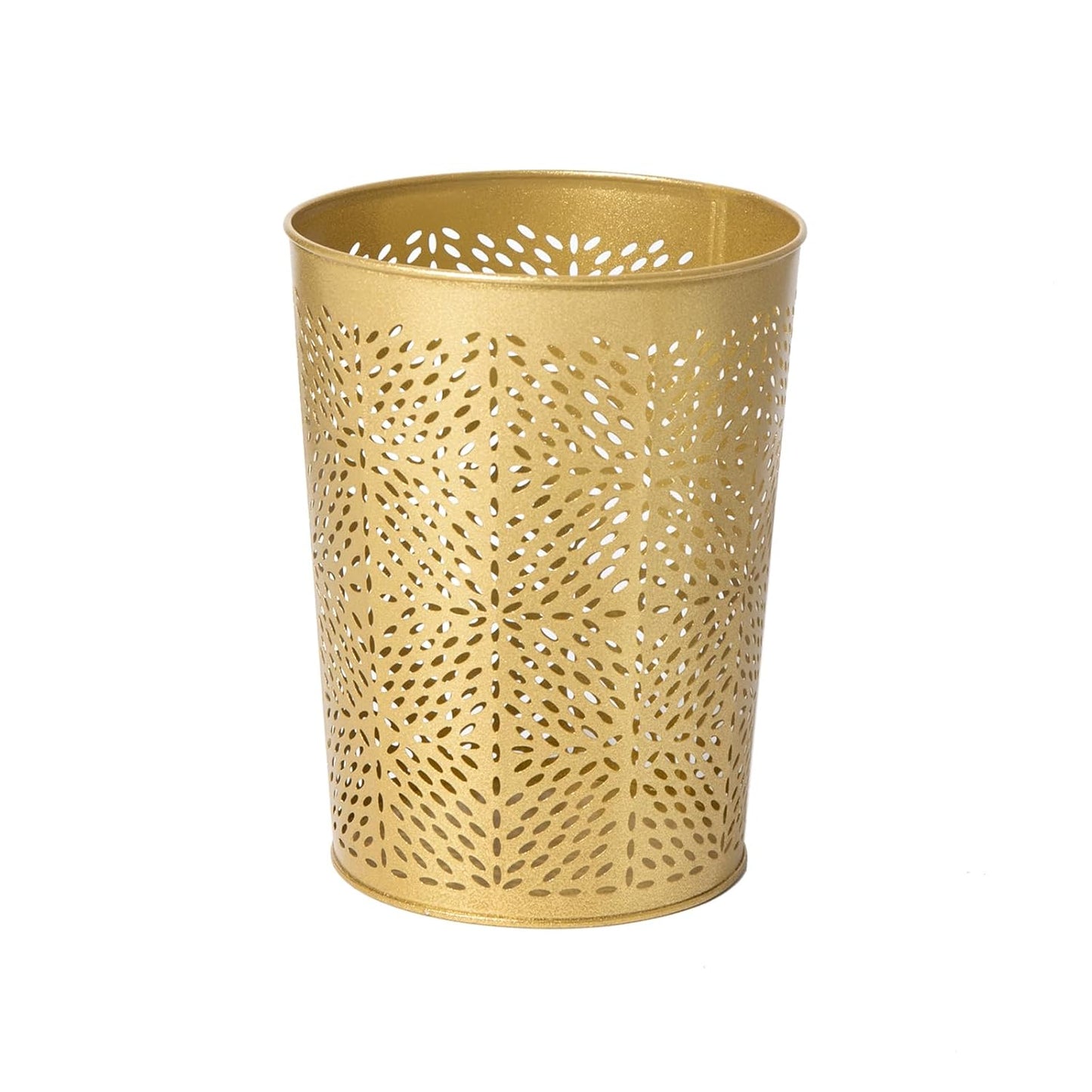 Small Gold Metal Trash Can Wastebasket, Decorative Hollow-Out Garbage Can Waste Paper Bin, Modern Farmhouse Round Trash Bin for Bathroom, Bedroom, Kitchen and Office (Floral)
