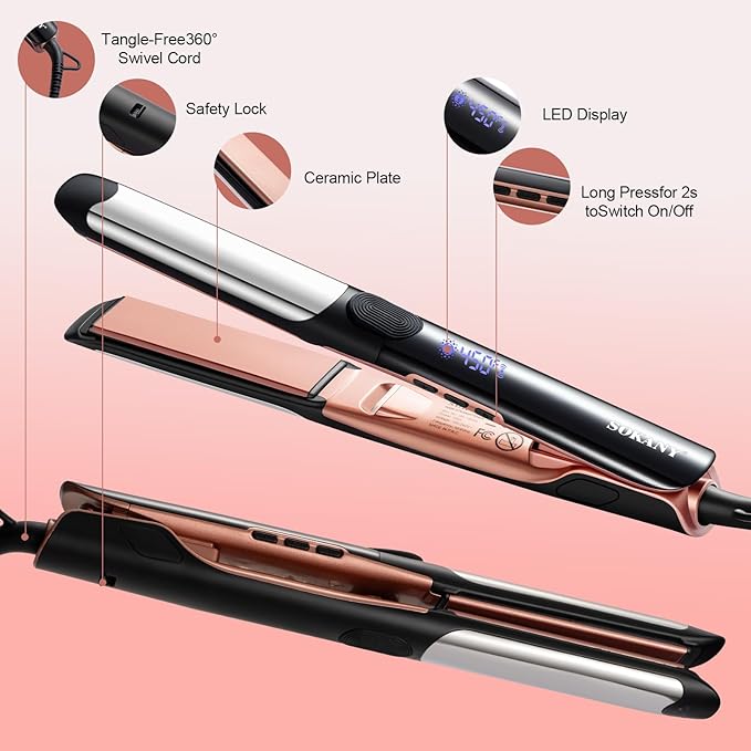 1 Inch Flat Iron Hair Straightener and Titanium Curler 2 in 1 | Dual Voltage Smart 3D Ceramic Floating Plates Ionic Straightener,8 Temps Settings Fast Heating & Heat Protection