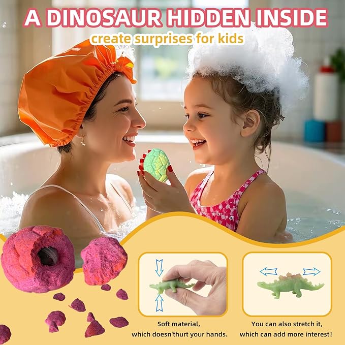 6 Pack Natural and Organic Dinosaur Bath Bombs Bubble Bath Gift Set, Bath Bombs for Kids with Dinosaur Toys Inside, Perfect Birthday Gifts for Kids（6pcs, 90g）