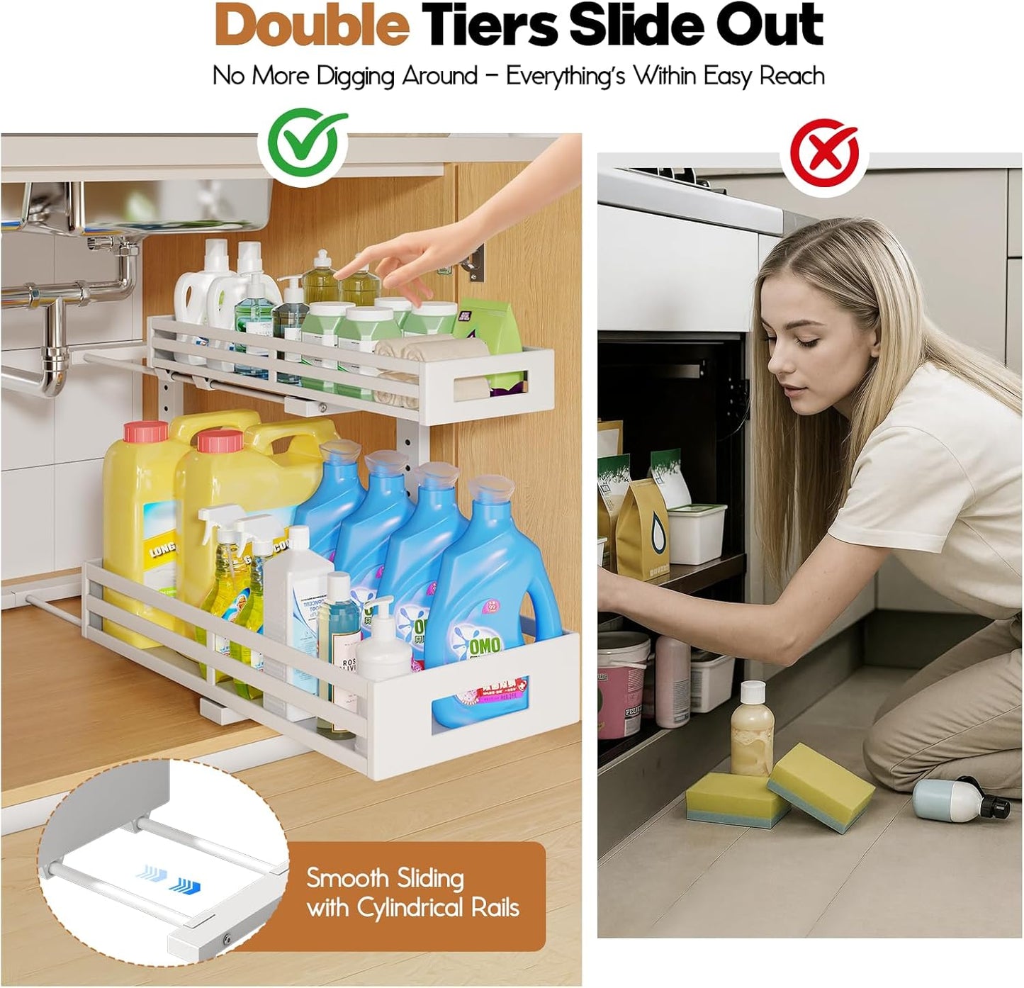 2-Pack 19"Deep Under Sink Organizer And Storage, 2-Tier L-Shaped Pull Out Cabinet Organizer with Upgraded Slide Rails, Height Adjustable Drawers for Kitchen&Bathroom, Extra-Large Storage Shelves–Gray