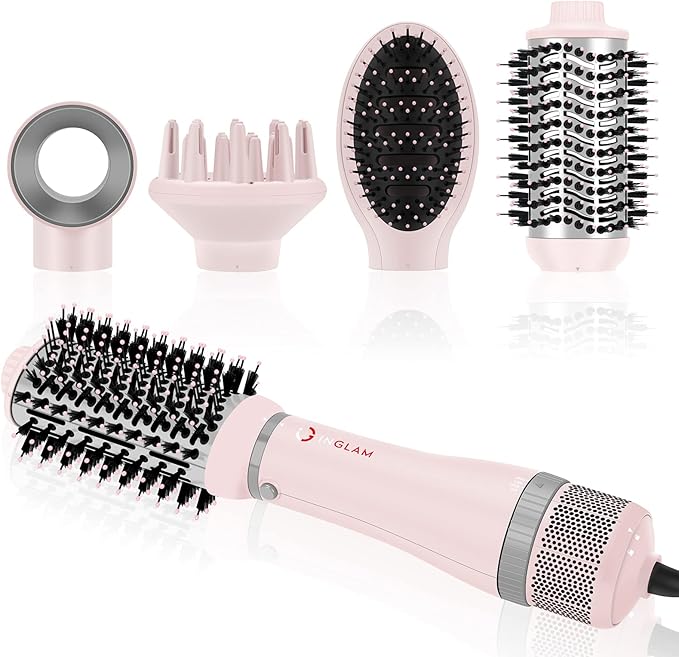 IG INGLAM 4 in 1 Blowout Hair Dryer Brush Set - Negative Ion Detachable Hair Dryer, Volumizer Styler with 2 Brush Heads, Pink