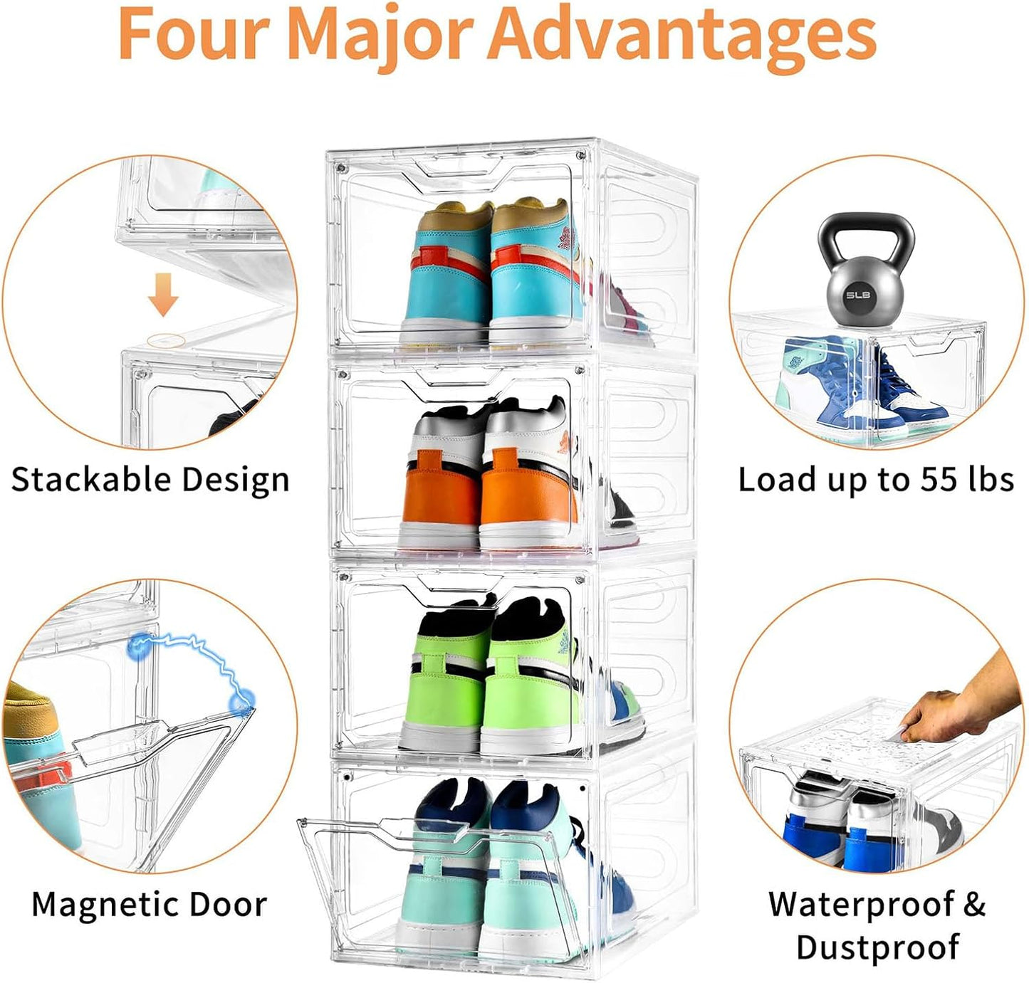 12 Pack Thicken & Sturdy Clear Shoe Storage Organizer with Magnetic Door, Shoe Boxes Clear Plastic Stackable for Closet, Shoe Rack for Sneaker Boot Container, Shoe Cabinet Fit up to US Size 12