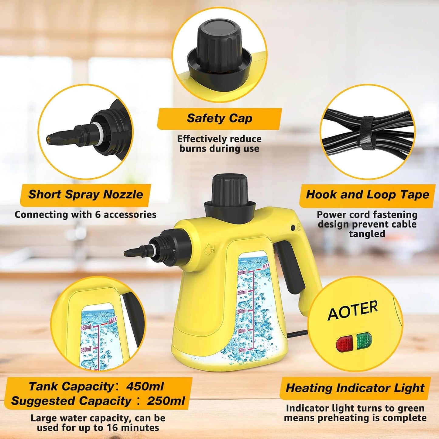 Pressurized Handheld Steam Cleaner, Portable Multi-Surface Cleaner for Home, Multipurpose Steam Cleaner for Tile, Grout, Windows, Bathroom, with 12pcs Accessories (Yellow)