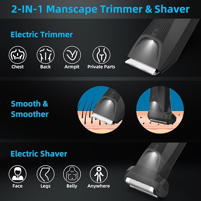 INVJOY Manscape Body Trimmer for Men, Waterproof Electric Razor/Shavers with Dual-Head for Facial, Pubic & Groin Hair Grooming, Ceramic & Foil Blades Hair Trimmer with LED - Birthday Gift for Him Dad