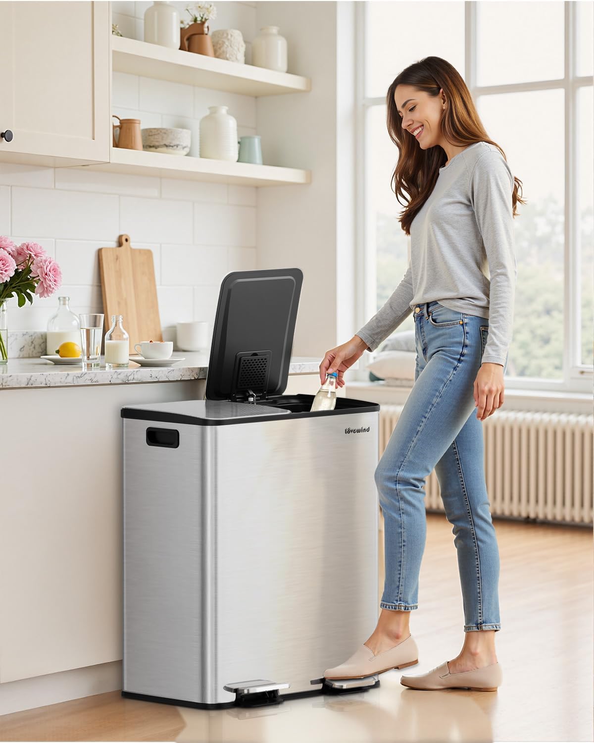 Lovewind Kitchen Trash Can, 2 x 8 Gallon (2 x 30 L) Stainless Steel Trash and Recycle Bin Combo with Soft-Close Lid, Dual Compartment Recycling Kitchen Step Trash Bin, Silver