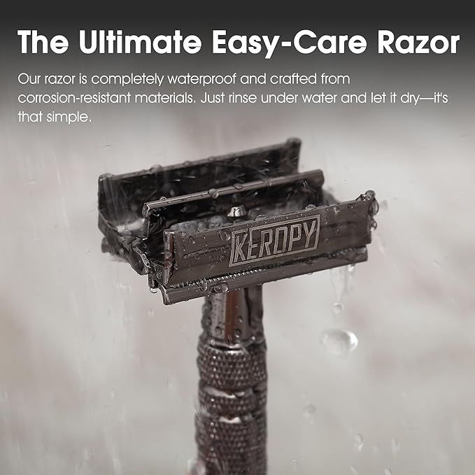 Vintage Classic Double Edge Safety Razor for Men - Weighted Butterfly Open Comb Design with 10 Keropy Extra Blades - Stainless Steel Razor for Close Smooth Shave - Gloss Black Finish