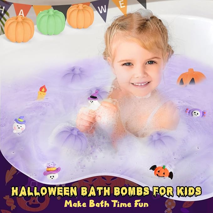 9 Pack Halloween Pumpkin Bath Bombs for Kids, Halloween Bubble Bath with Surprise Toy Inside, Halloween Treat Bags Gifts for Kids Girls Boys