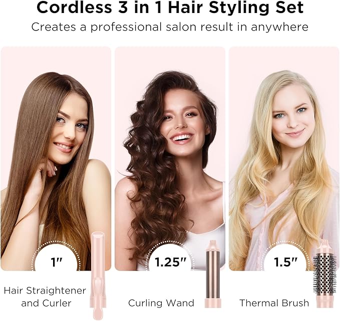 IG INGLAM 3 in 1 Cordless Detachable Hair Styling Set with 1'' Flat Iron, 1.25" Curling Wand, 1.5" Thermal Brush, Rechargeable Portable for Travel, Gift for Women