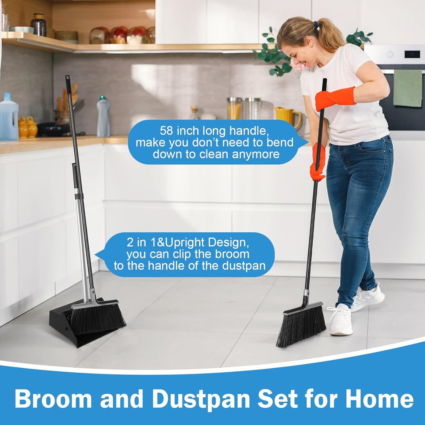 4 Set Broom and Dustpan Set 58 Inch Commercial Broom and Dustpan Combo Set Heavy Duty Lobby Dust Pan Bulk for Lobby Office Home Indoor Outdoor Cleaning Supplies