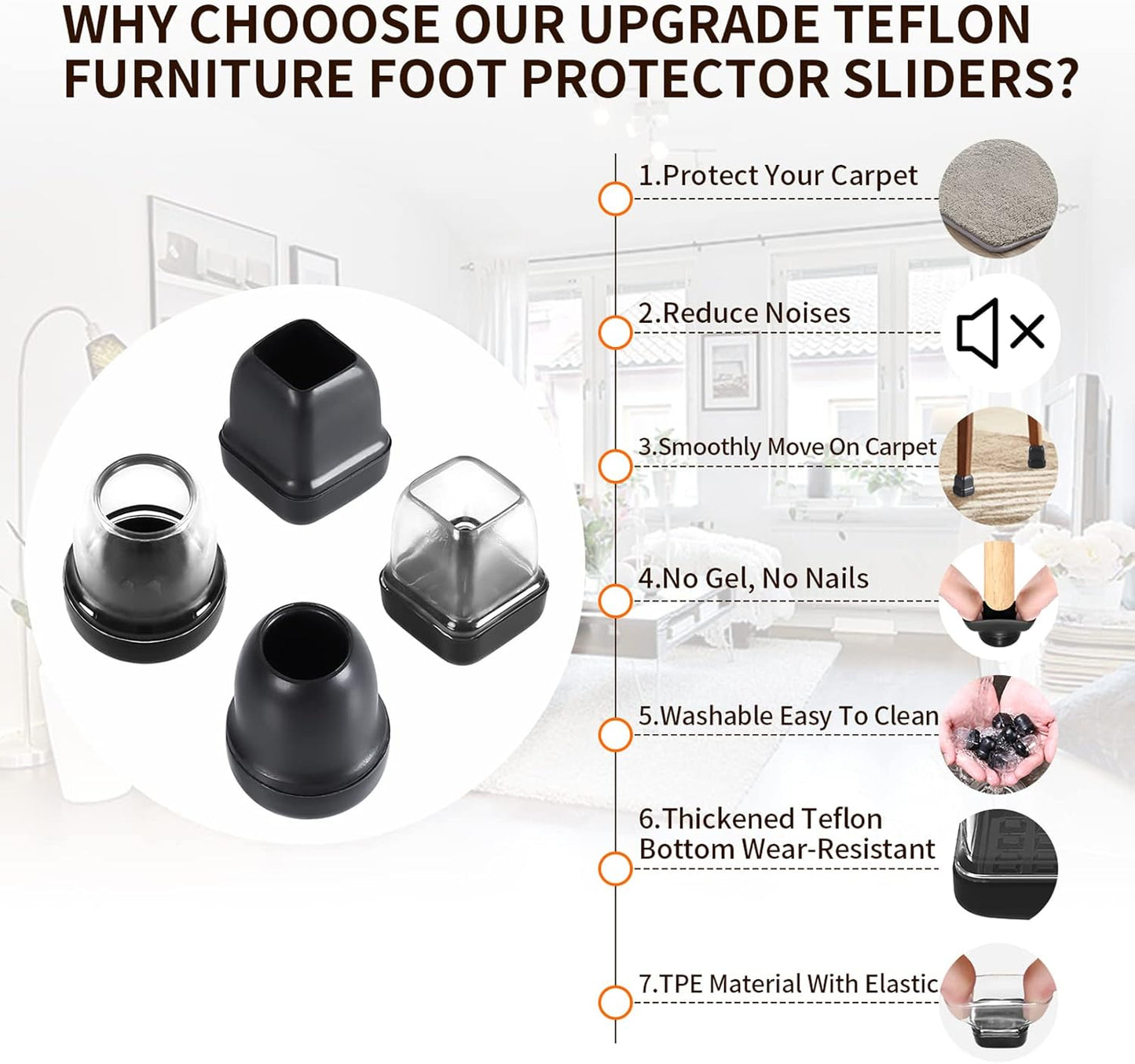 Ezprotekt 24 Pcs Chair Leg Sliders for Carpet, Square Black Teflon Furniture Glides Protectors Covers, Bar Stool Carpet Sliders Caps for Chair Table Desk Couch Legs (S Fit: 0.55"- 0.75")