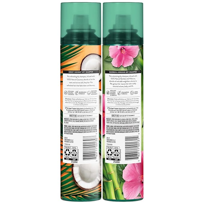 Suave+ Dry Shampoo Spray Variety 2-Pack – Volumizing Bamboo & Hibiscus, Refreshing Sweet Coconut, 4.3 Oz Ea