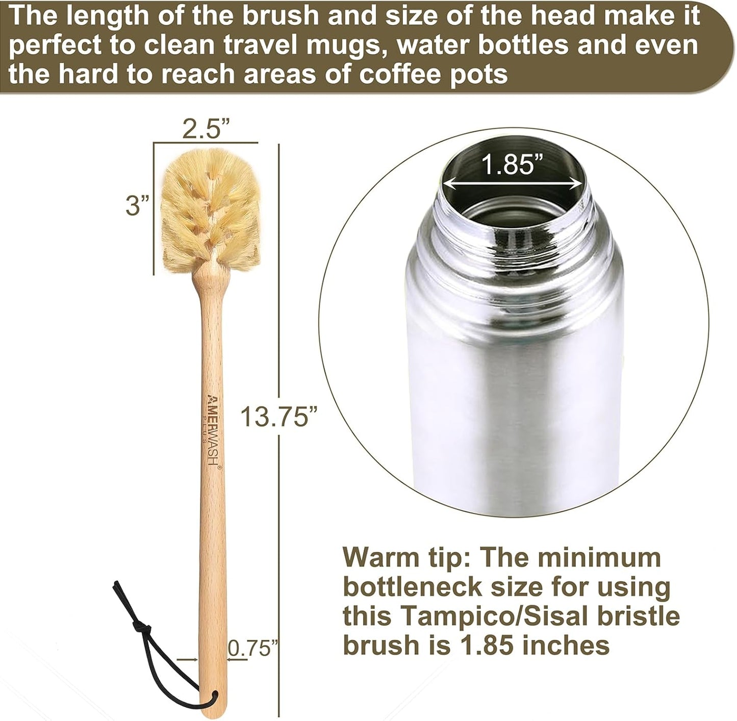 Bottle Brush with Strong Sisal Bristles, 13-3/4 Inch Long Wood Handle Hanging Design Cleaning Brush Cleans and Scrubs Wide Mouth Jars, Glasses, Vases, Mugs and Pitchers