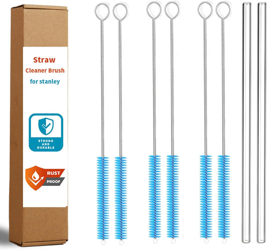 Straw Cleaner Brush for Stanley, 12 Inch Extra Long Straw Brush Cleaner (8-Pack) Includes 2 Reusable Glass Straws for 40 oz Tumbler and Water Bottle, Durable & Rust Resistant
