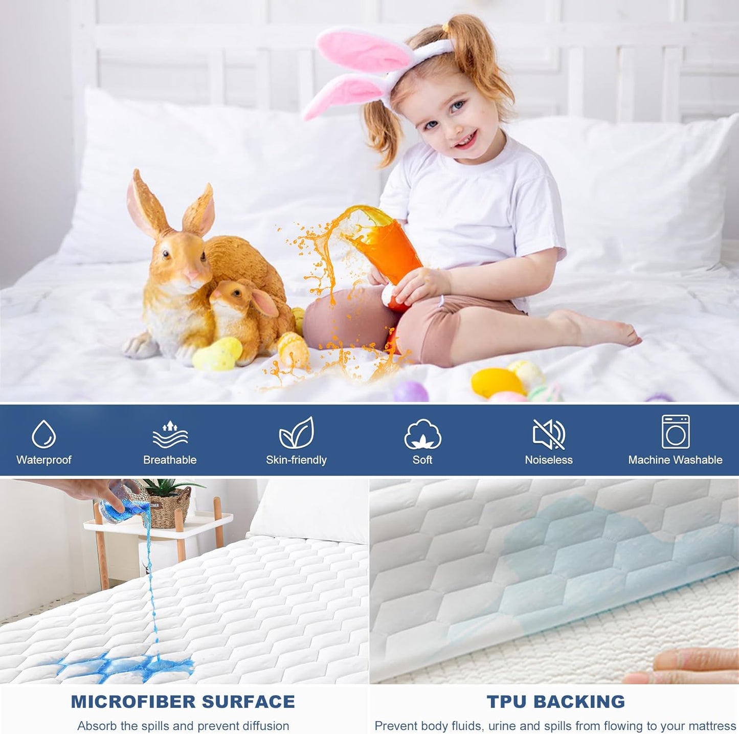 GRT Queen Mattress Protector Waterproof, 100% Waterproof Quilted Fitted Mattress Pad, Noiseless Hollow Cotton Mattress Cover, fits up to 21" Deep, Dust Proof White