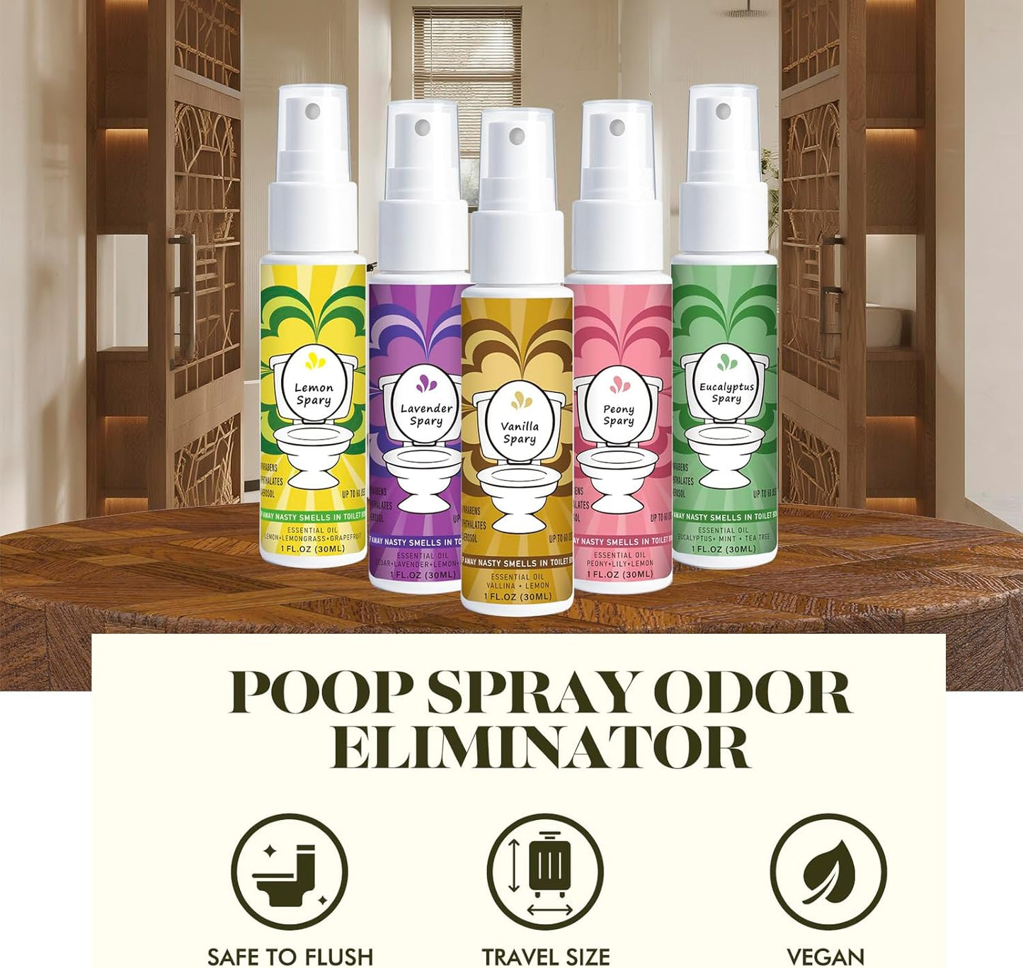Travel Size Toilet Spray, Air Freshener Spray for Bathroom Deodorizer, Travel Essentials Variety - Lemon, Lavender, Vanilla, Peony, Eucalyptus