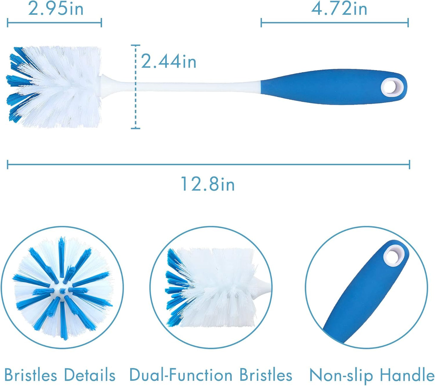 PHYEX 2 Pack Long Handle Bottle Scrubbing Brushes, Water Bottle Cleaner for Washing Glasswares, Wine Decanter, Hydro Flask Tumbler, Sinks, Food Jars