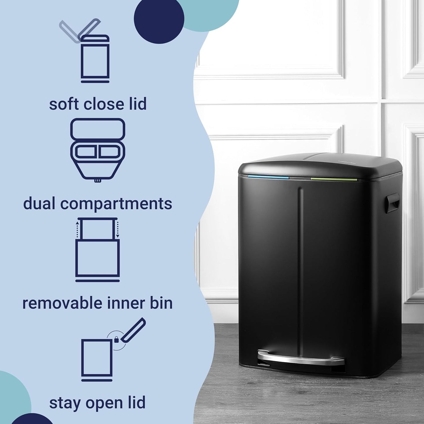 happimess HPM1005B Marco Rectangular 10.6-Gallon Double Bucket Trash Can with Soft-Close Lid, Fingerprint Resistant, Modern, Minimalistic for Home, Kitchen, Office, Bathroom, Black