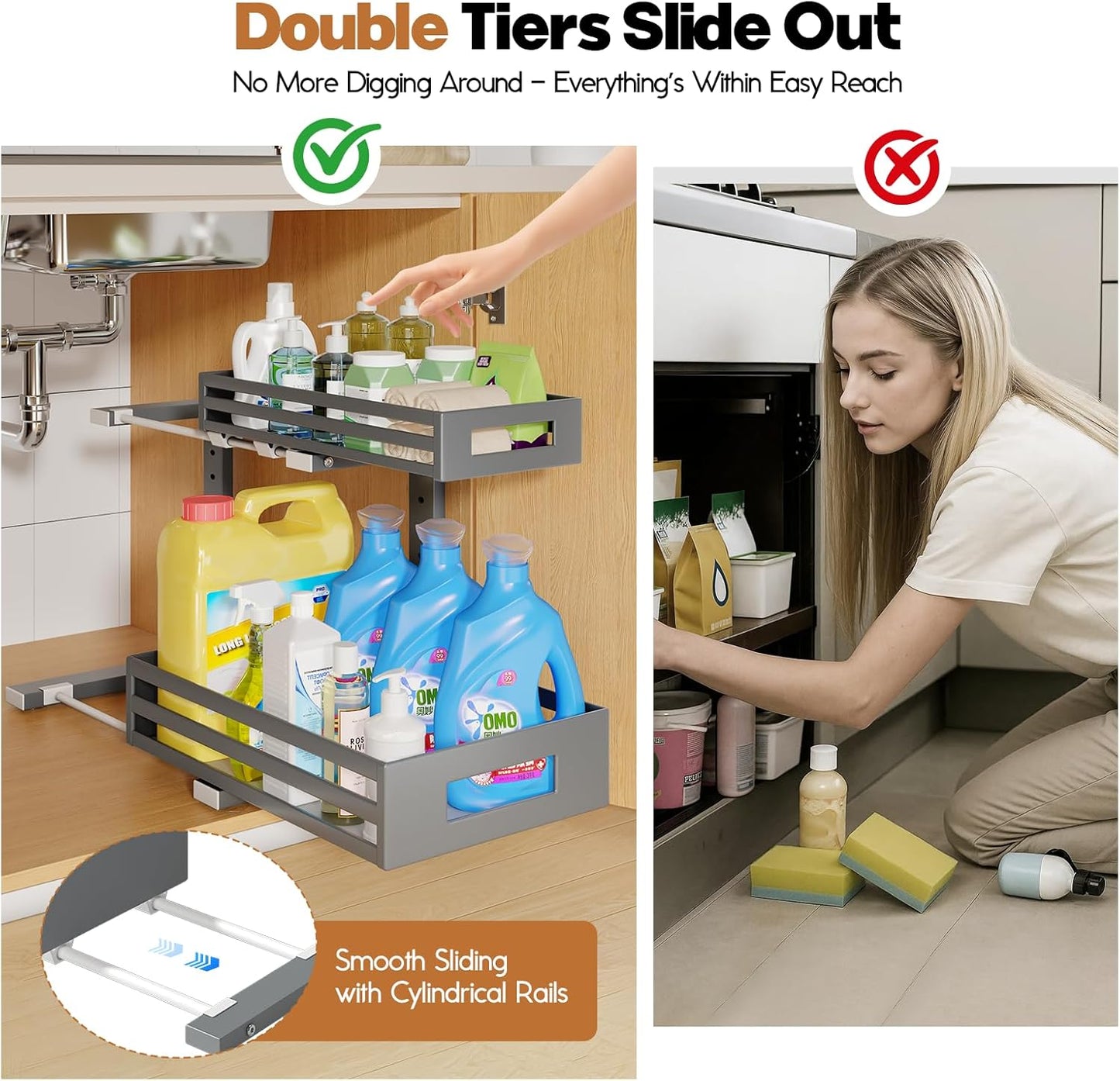 2-Pack Under Sink Organizers and Storage,2-Tier L Shape Pull Out Cabinet Organizer With Round Tube Slide Rails,Hight Adjustable Slide Out Drawers for Kitchen&Bathroom,Multi-Purpose Storage Shelf-Gray