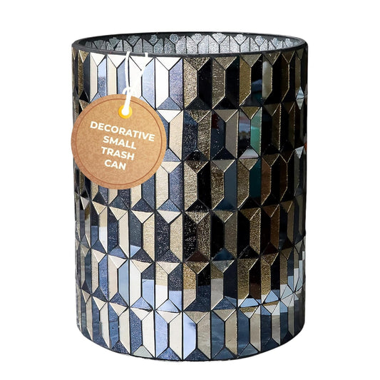 Escenzy Modern Bathroom Trash Can Mosaic Glass 6L | Decorative Small Garbage Can | 8" x 10" | Luxury Waste Basket for Restroom, Office, Bedroom & Kitchen | Shiny Black and Gold Bathroom Accessories