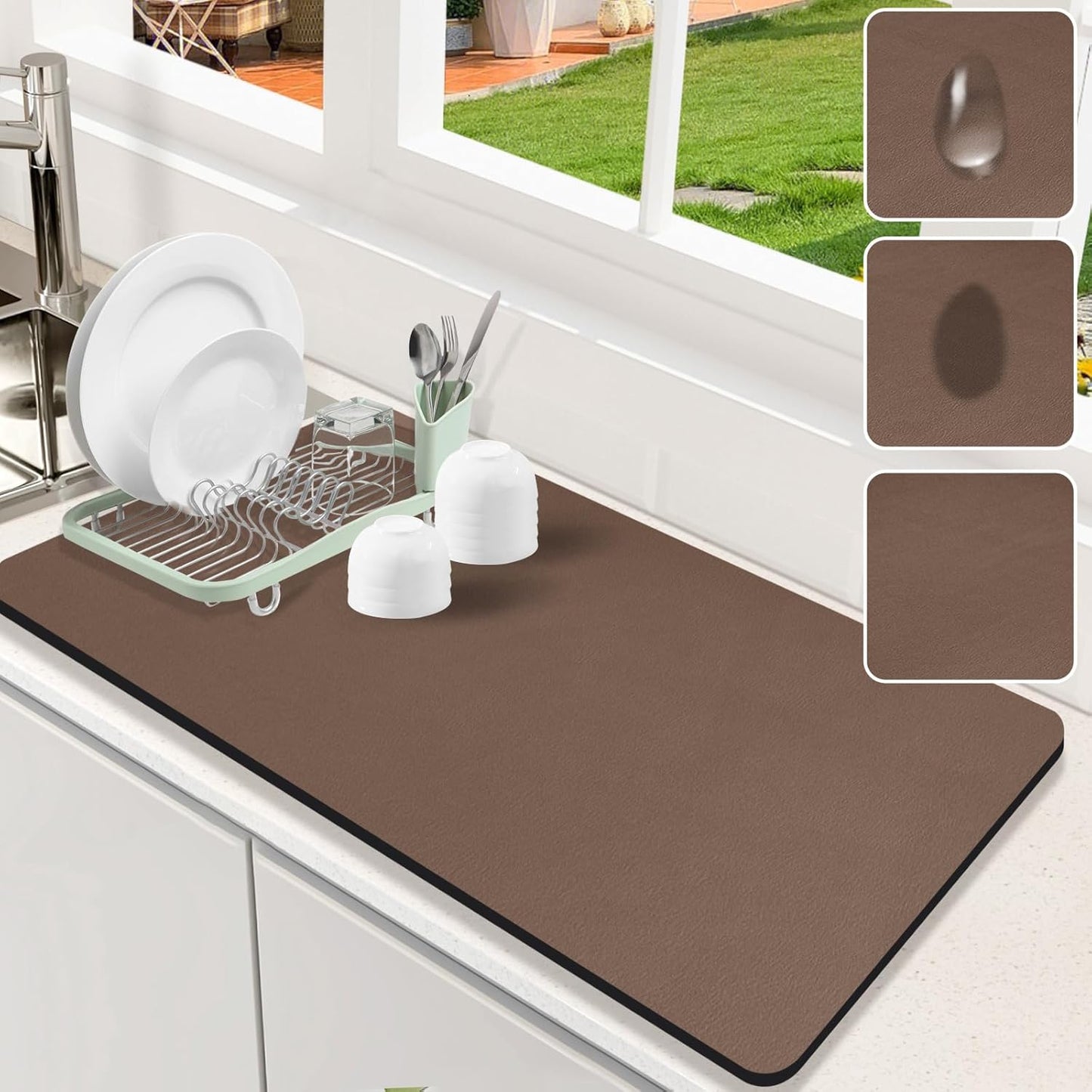 Dish Drying Mat for Kitchen Counter, 17" x 31.5"Dish Drying Pad with Non-slip Rubber Backed, Hide Stain Anti Absorbent for Kitchen Counter, Drying Mat for Coffee Machine Dish Rack (Brown)