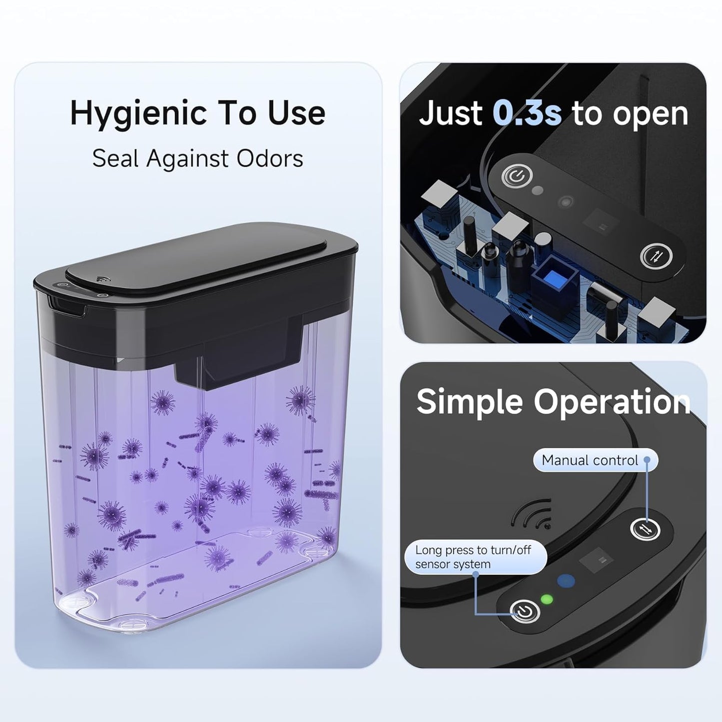 TIPGO Automatic Motion Sensor Bathroom Trash Can with Lid, 2.6 Gallon Touchless Trash Bin, Smart Garbage Can Plastic Slim Wastebasket for Bedroom, Office, Dorm (Black)