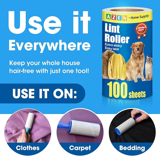 AZEN Lint Roller, Lint Rollers for Pet Hair Extra Sticky, 1200 Sheets Lint Roller with 6 Upgraded Handles, 12 Roller Portable Lint Remover for Clothes, Pet Hair Remover, Lint Rollers for Clothes