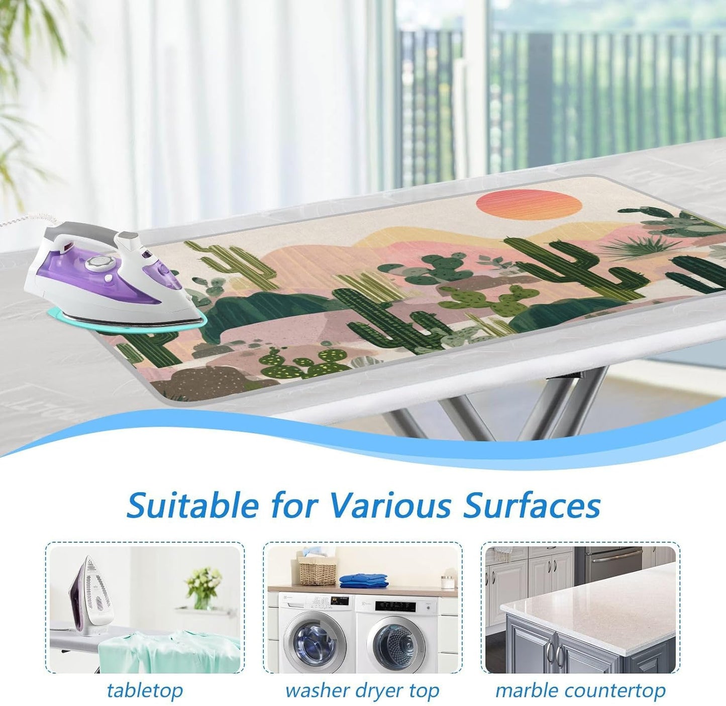 Ironing Mat Portable Ironing Pad Ironing Blanket for Table Top Heat Resistance Double-Side Using Travel Large 47.2 x 27.6 Inch Foldable Lightweight Boho Cactus Mountains and Sun
