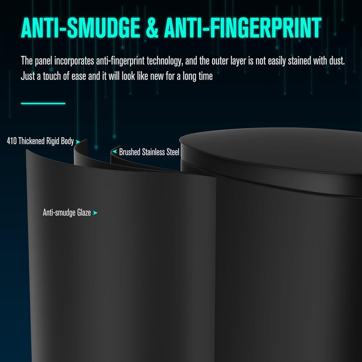 13 Gallon Stainless Steel Foot Pedal Large Trash Can with Soft Close Quiet Curved Surface Top Lid and Deodorant Storage Space, with 30 Garbage Bags for Kitchen/Home/Office Trash can and More - Black