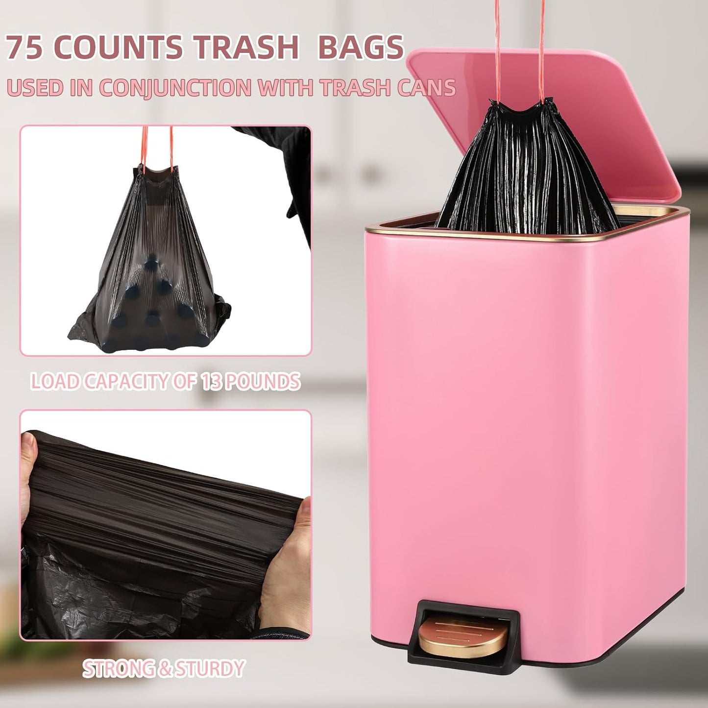 Small Bathroom Trash Can with Lid Soft Close, 1.8 Gallon Stainless Steel Garbage Can with Removable Inner Bucket,3PCS Soap Dispenser,75Count Trash Bag, Slim Step Pedal Trash Bins