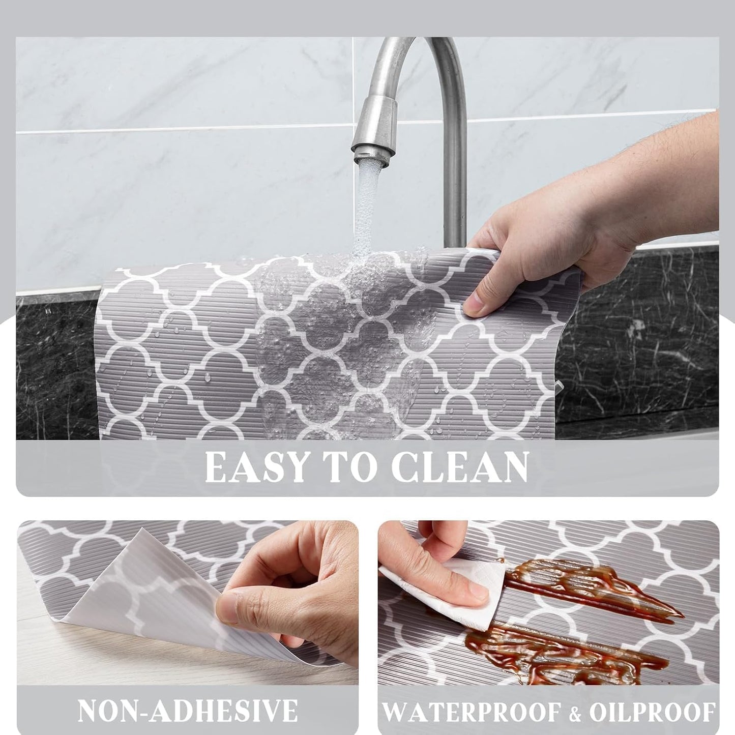 Glotoch 2 Rolls Shelf Liners for Kitchen Cabinets 12”x 20ft, Non Slip Drawer Liner,Waterproof Cabinet Liner for Wire/Pantry/Closet Non Adhesive Table Place Mats, Heavy Duty, Quatrefoil Grey